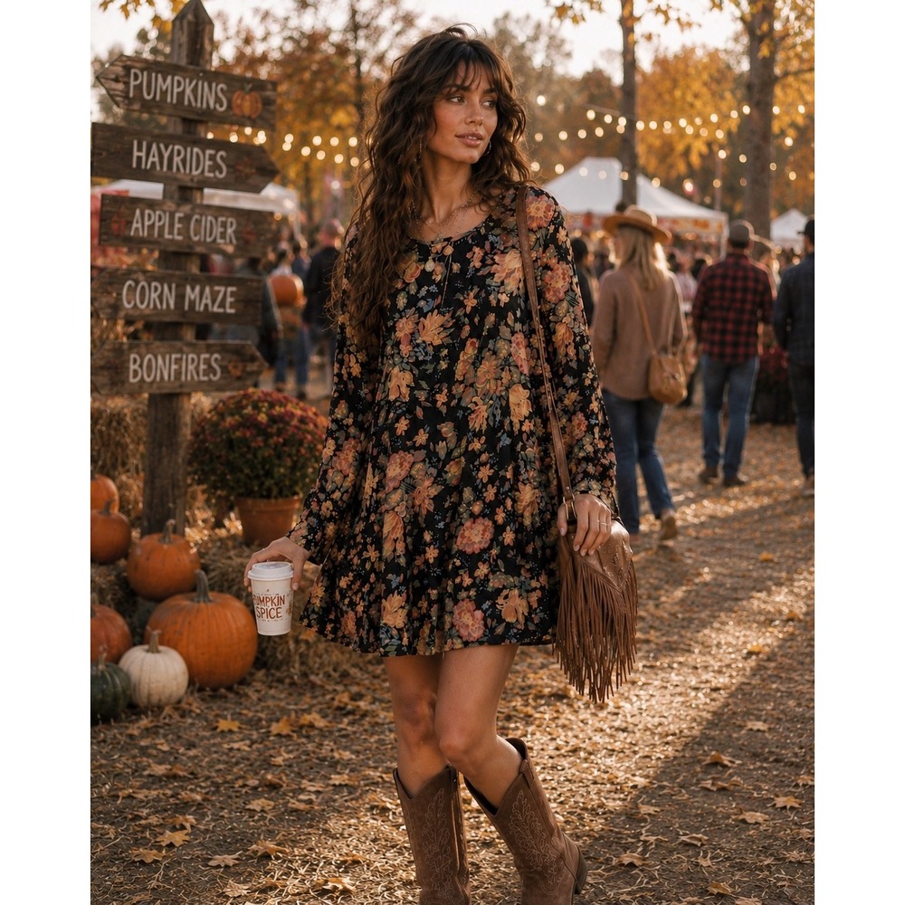 Show Me Your Mumu Womens Black Floral Long Sleeve Swing Mini Dress Large